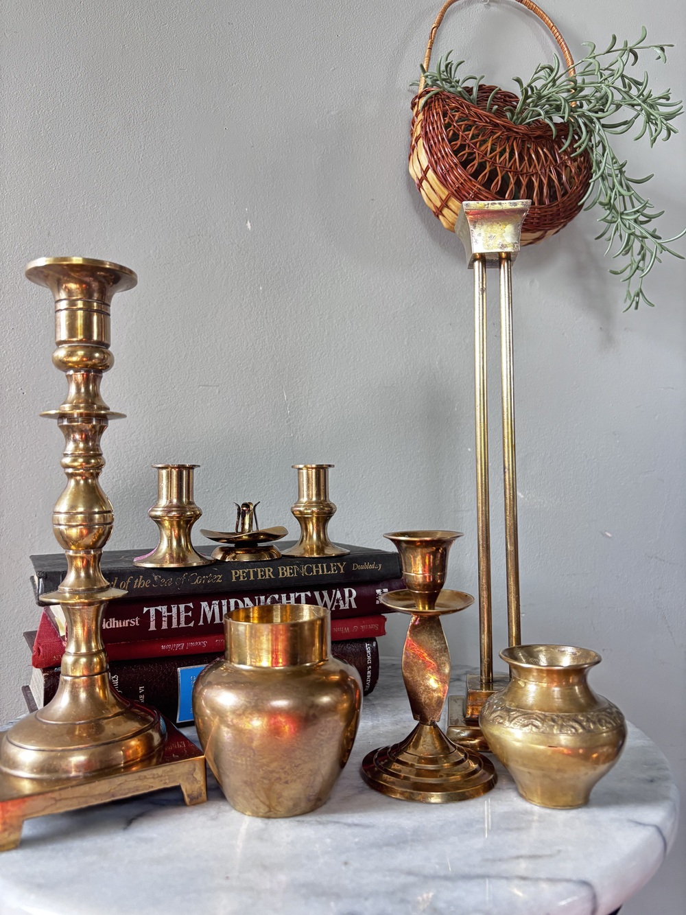Vintage Brass Candlestick Holders and Vases Mixed Lot of 8 Gold Boho Decor